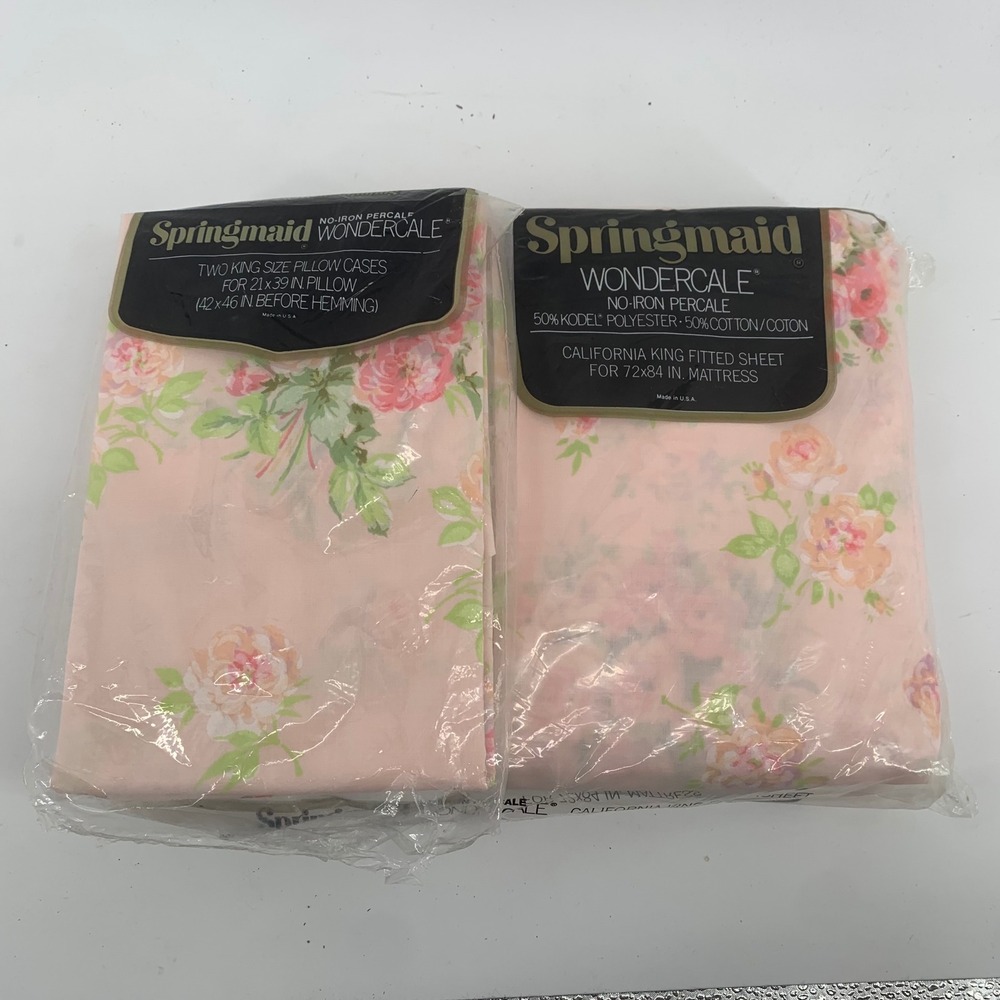 Springmaid Wondercale Vintage Pink Floral Cal King Fitted Sheet Pillowcases NOS